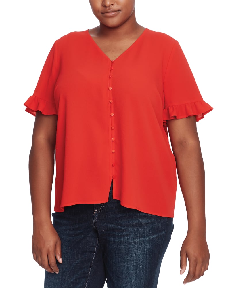 Front of a model wearing a size 1X Alexandria Ruffle-Sleeve Blouse in CHERRY ROSE by CeCe. | dia_product_style_image_id:263713